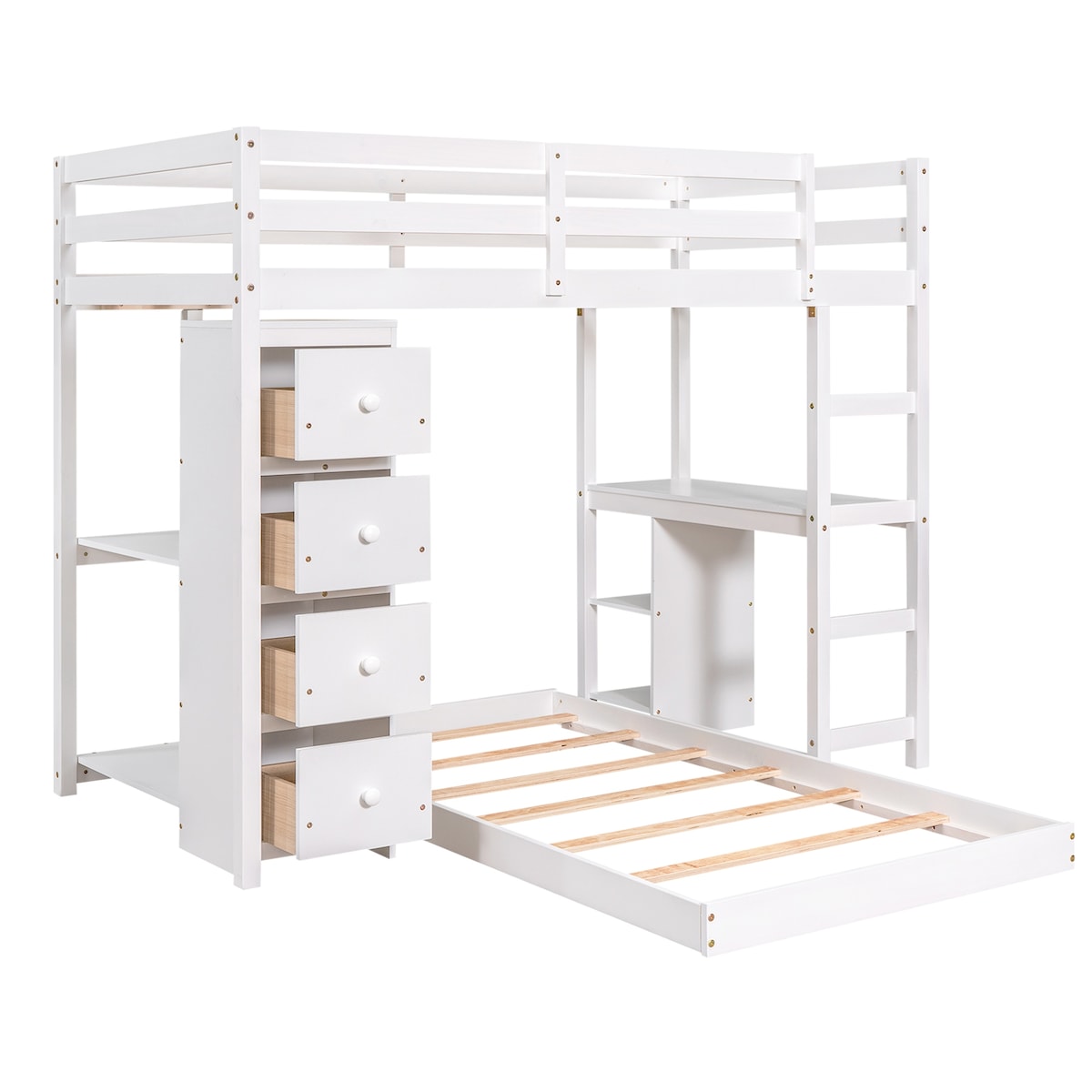 Multifunctional White Wood Twin over Twin Bunk Loft Bed with Drawers, Shelves and Desk, 79.9''L*77.5''W*65''H, 188LBS