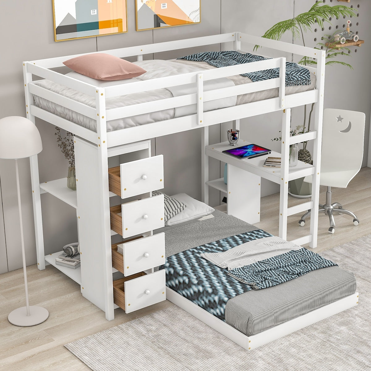 Multifunctional White Wood Twin over Twin Bunk Loft Bed with Drawers, Shelves and Desk, 79.9''L*77.5''W*65''H, 188LBS