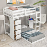 Multifunctional White Wood Twin over Twin Bunk Loft Bed with Drawers, Shelves and Desk, 79.9''L*77.5''W*65''H, 188LBS