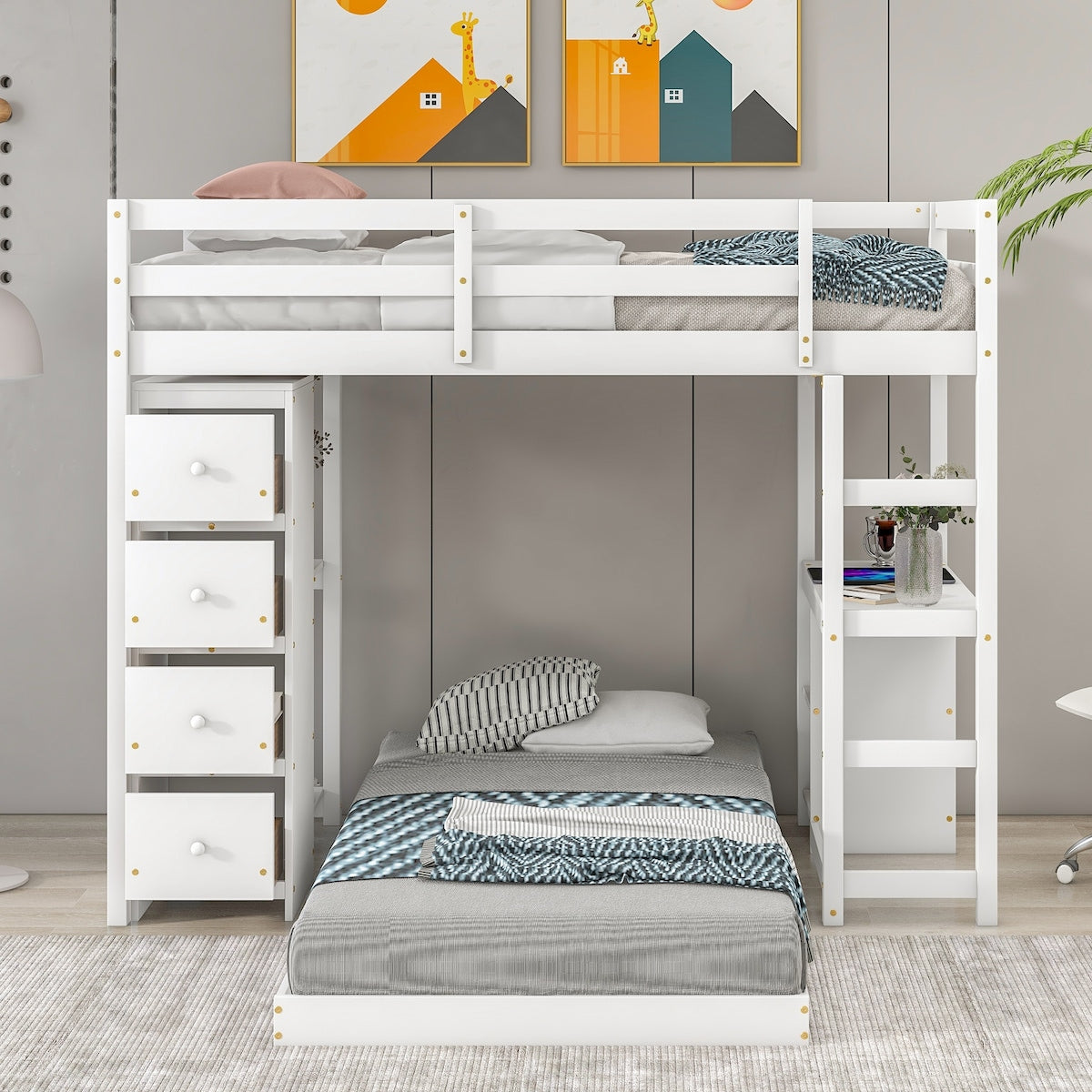Multifunctional White Wood Twin over Twin Bunk Loft Bed with Drawers, Shelves and Desk, 79.9''L*77.5''W*65''H, 188LBS