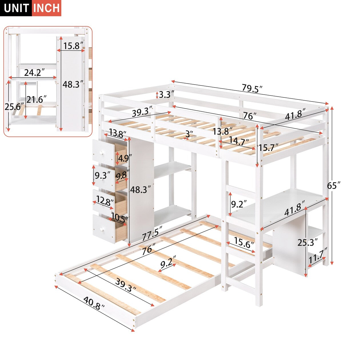 Multifunctional White Wood Twin over Twin Bunk Loft Bed with Drawers, Shelves and Desk, 79.9''L*77.5''W*65''H, 188LBS
