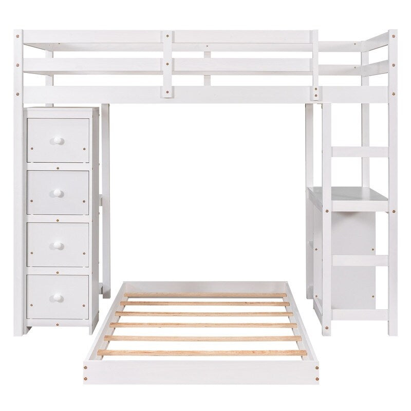 Multifunctional White Wood Twin over Twin Bunk Loft Bed with Drawers, Shelves and Desk, 79.9''L*77.5''W*65''H, 188LBS
