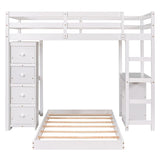 Multifunctional White Wood Twin over Twin Bunk Loft Bed with Drawers, Shelves and Desk, 79.9''L*77.5''W*65''H, 188LBS