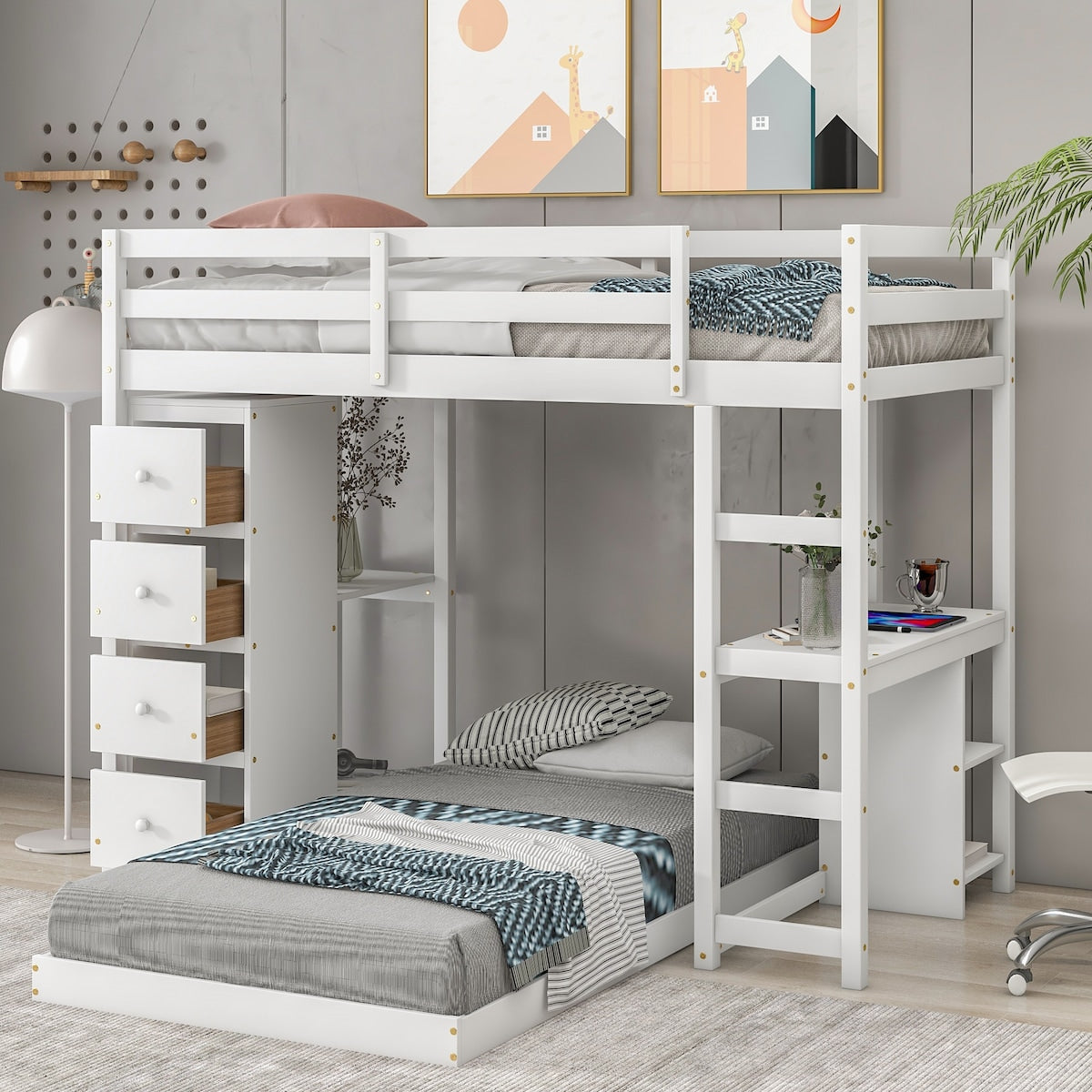 Multifunctional White Wood Twin over Twin Bunk Loft Bed with Drawers, Shelves and Desk, 79.9''L*77.5''W*65''H, 188LBS