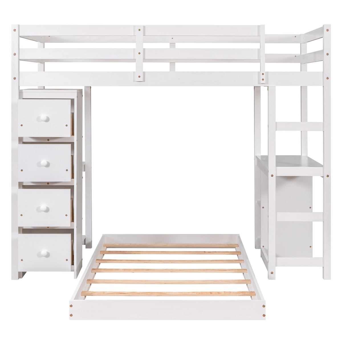 Multifunctional White Wood Twin over Twin Bunk Loft Bed with Drawers, Shelves and Desk, 79.9''L*77.5''W*65''H, 188LBS