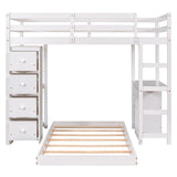 Multifunctional White Wood Twin over Twin Bunk Loft Bed with Drawers, Shelves and Desk, 79.9''L*77.5''W*65''H, 188LBS
