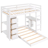 Multifunctional White Wood Twin over Twin Bunk Loft Bed with Drawers, Shelves and Desk, 79.9''L*77.5''W*65''H, 188LBS