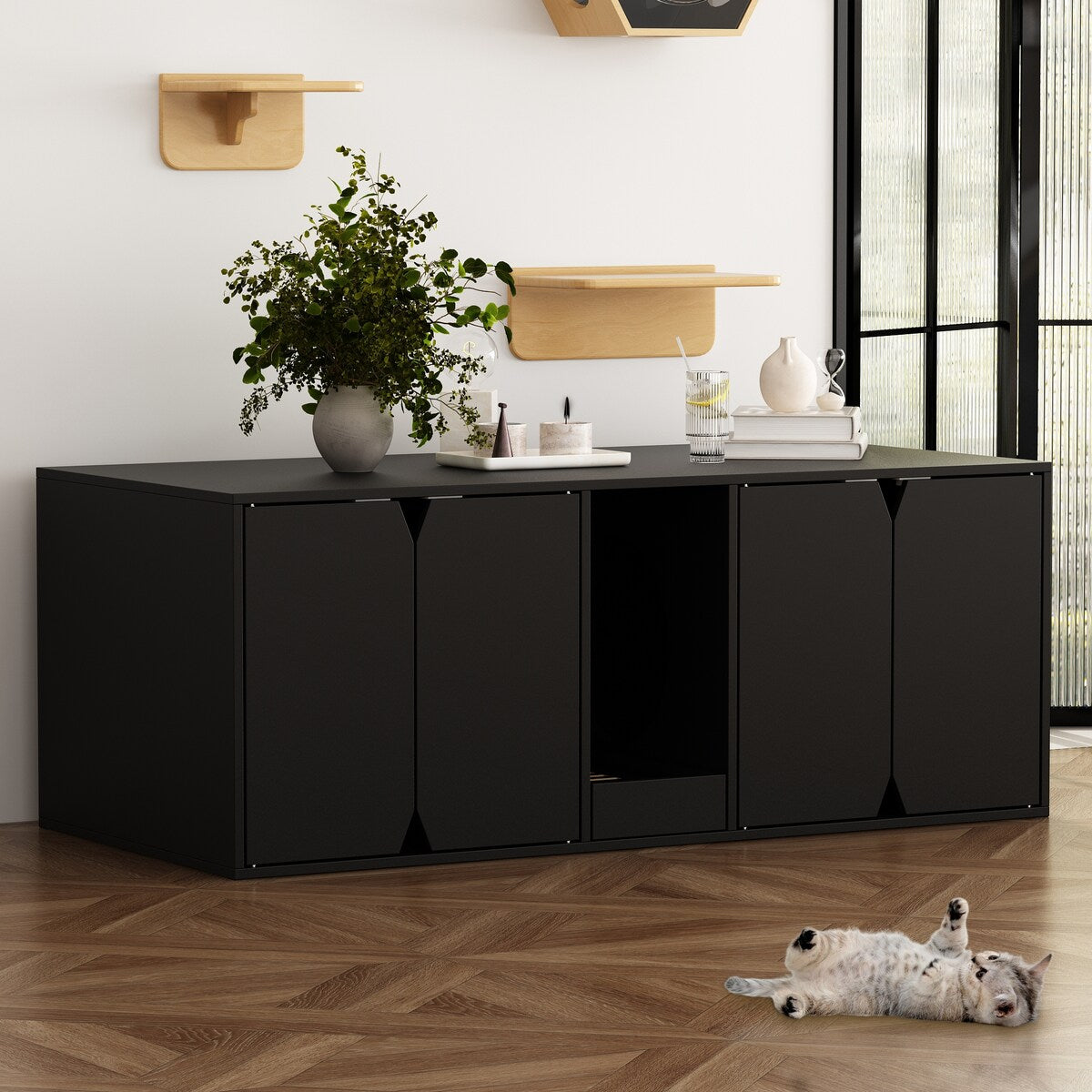 Multifunctional Wooden Cat Washroom Storage Bench Litter Box Cabinet