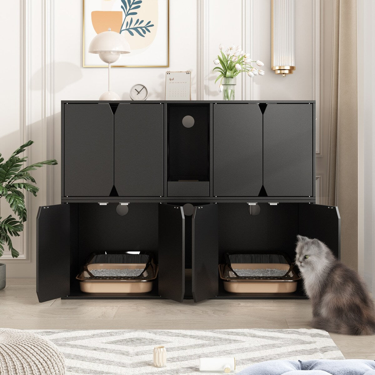 Multifunctional Wooden Cat Washroom Storage Bench Litter Box Cabinet