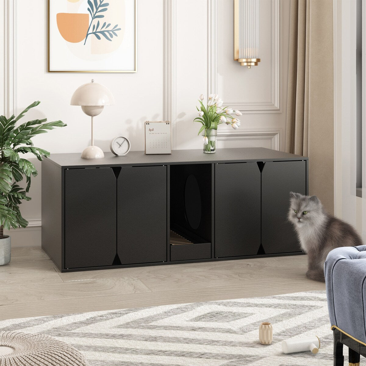 Multifunctional Wooden Cat Washroom Storage Bench Litter Box Cabinet