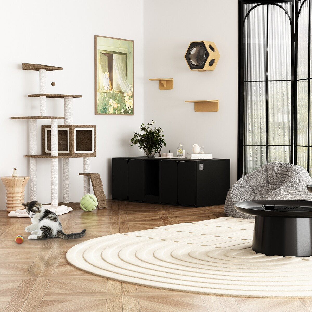 Multifunctional Wooden Cat Washroom Storage Bench Litter Box Cabinet