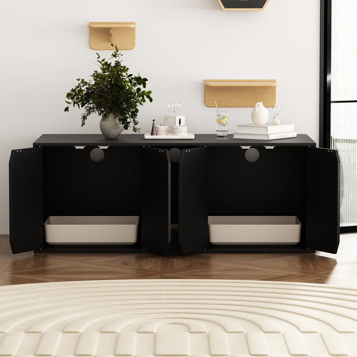 Multifunctional Wooden Cat Washroom Storage Bench Litter Box Cabinet