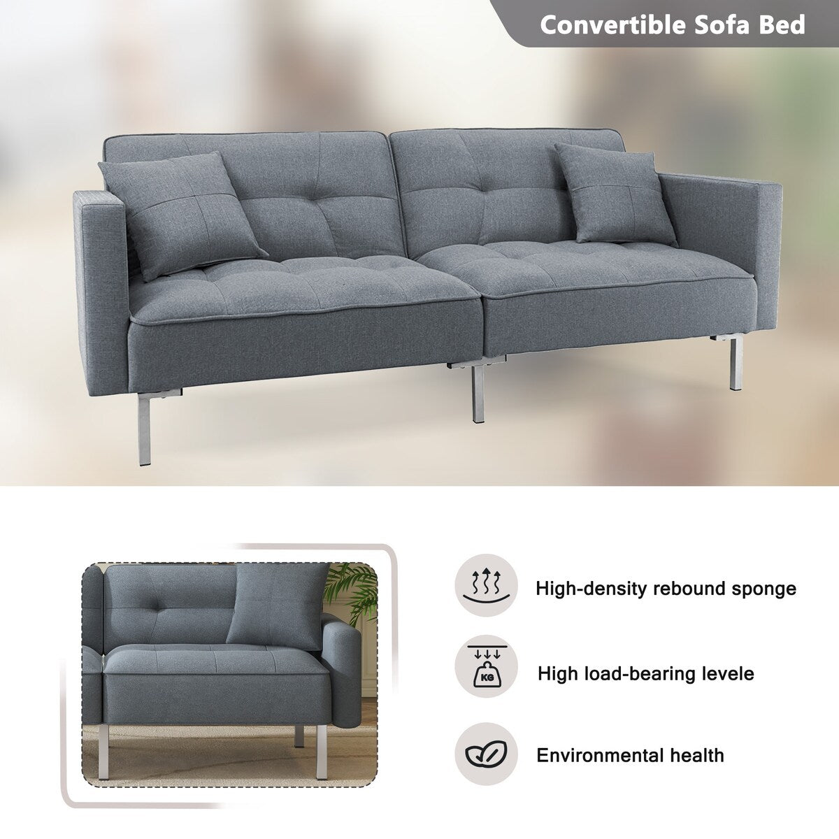 Multiple 3 Adjustable Positions Sleeper Sofa Bed With Comfortable Seat