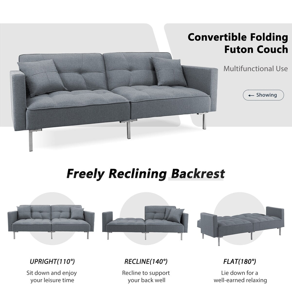 Multiple 3 Adjustable Positions Sleeper Sofa Bed With Comfortable Seat