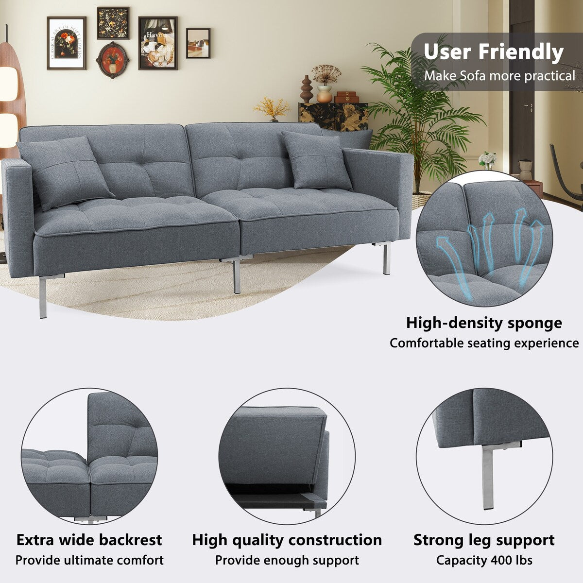 Multiple 3 Adjustable Positions Sleeper Sofa Bed With Comfortable Seat