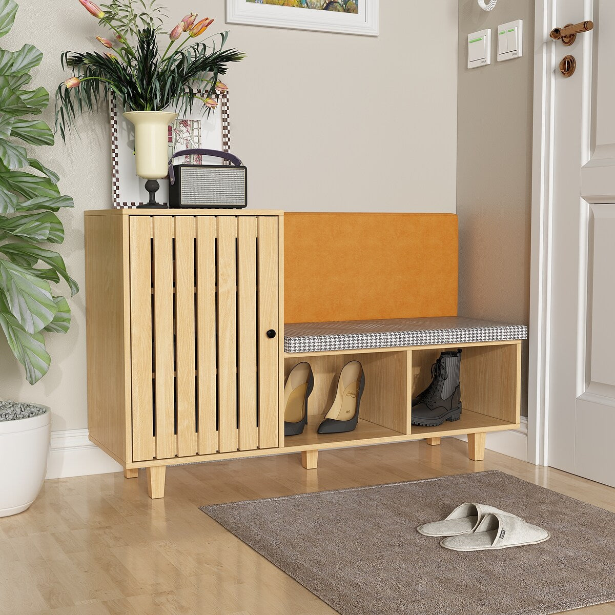Multipurpose Shoe Rack w/Upholstered Bench and Large Capacity Storage