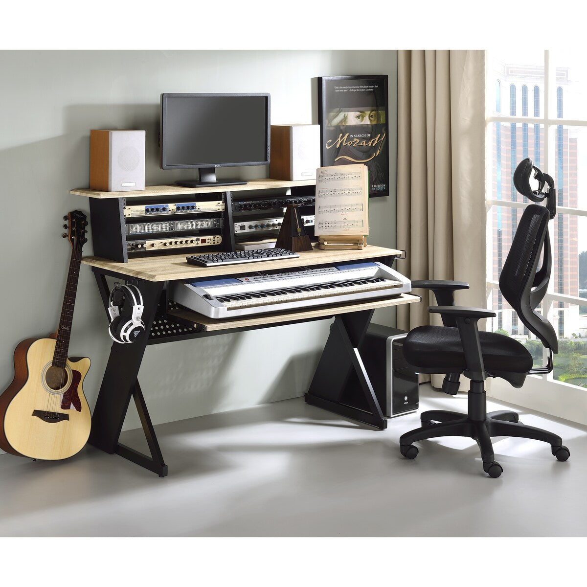 Music Desk Workstation with Pullout Keyboard Tray, Cable Management