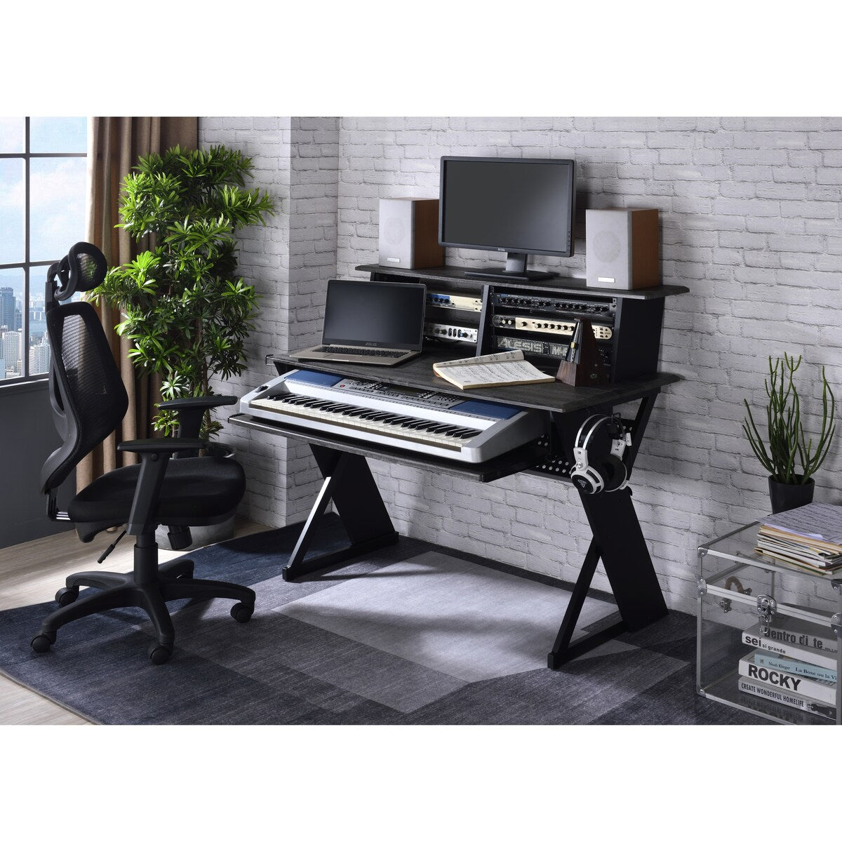Music Desk Workstation with Pullout Keyboard Tray, Cable Management