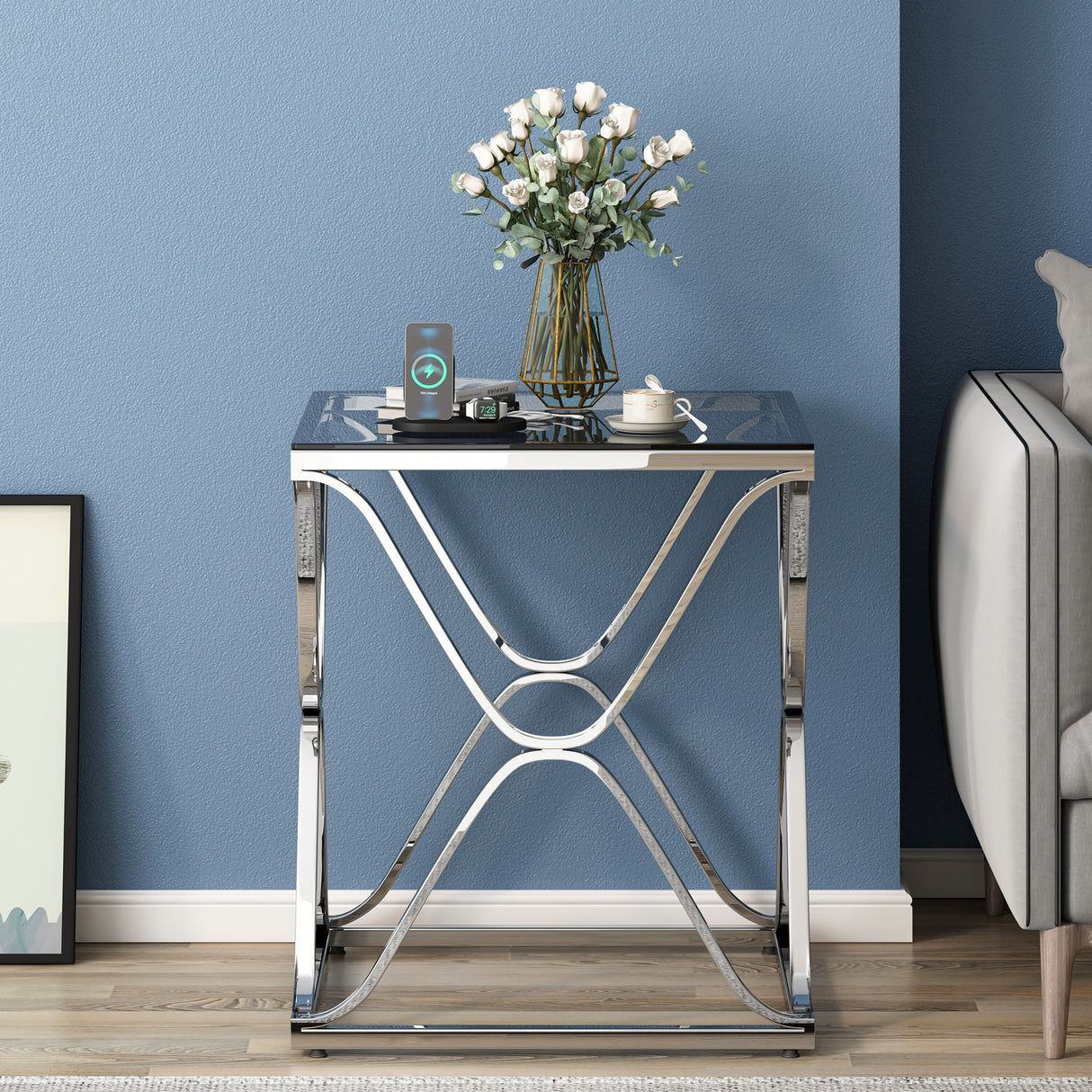 Myhozm End Table, Modern End Table with Glass Top, Square Side Table for Living Room, Bedroom, Sofa and Couch
