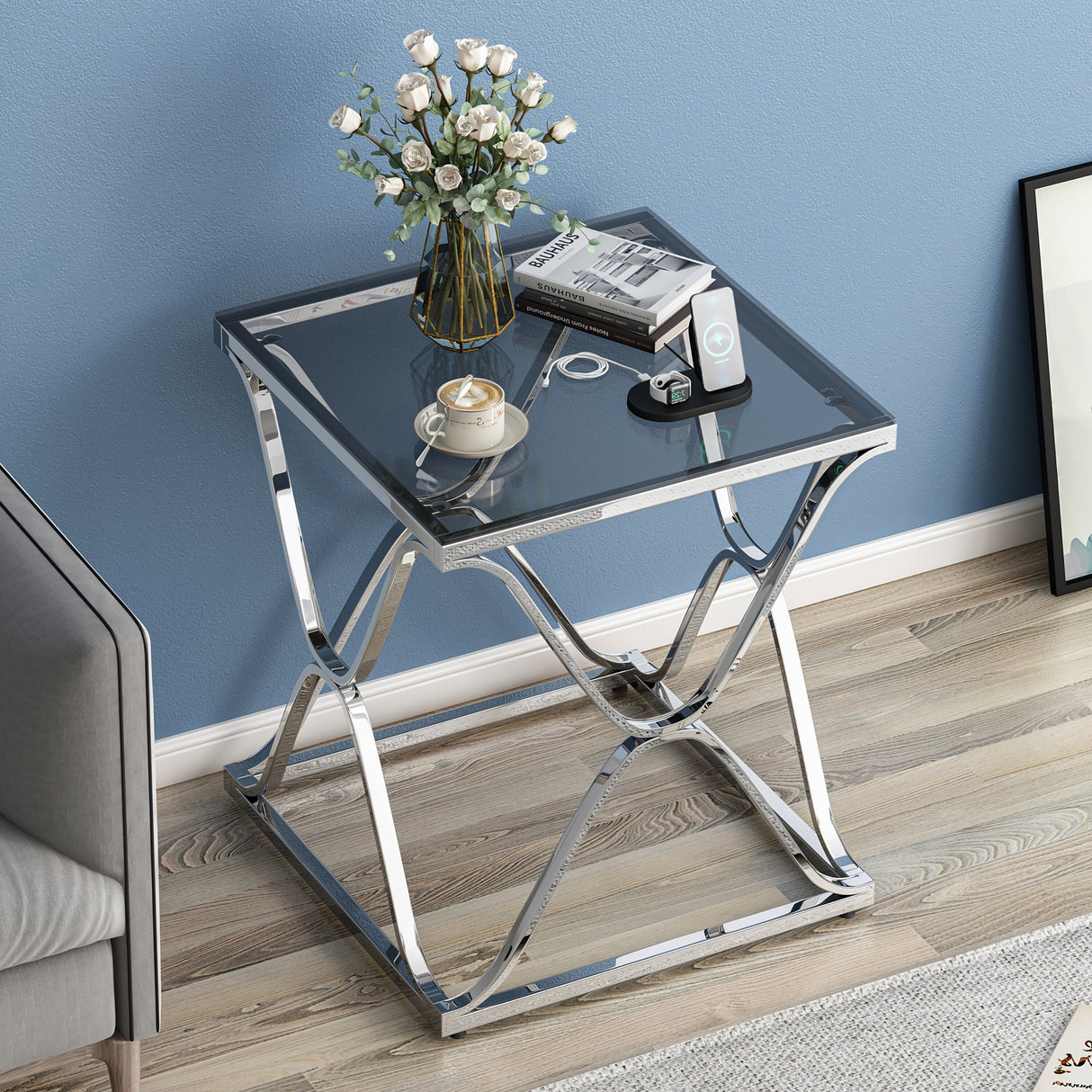 Myhozm End Table, Modern End Table with Glass Top, Square Side Table for Living Room, Bedroom, Sofa and Couch