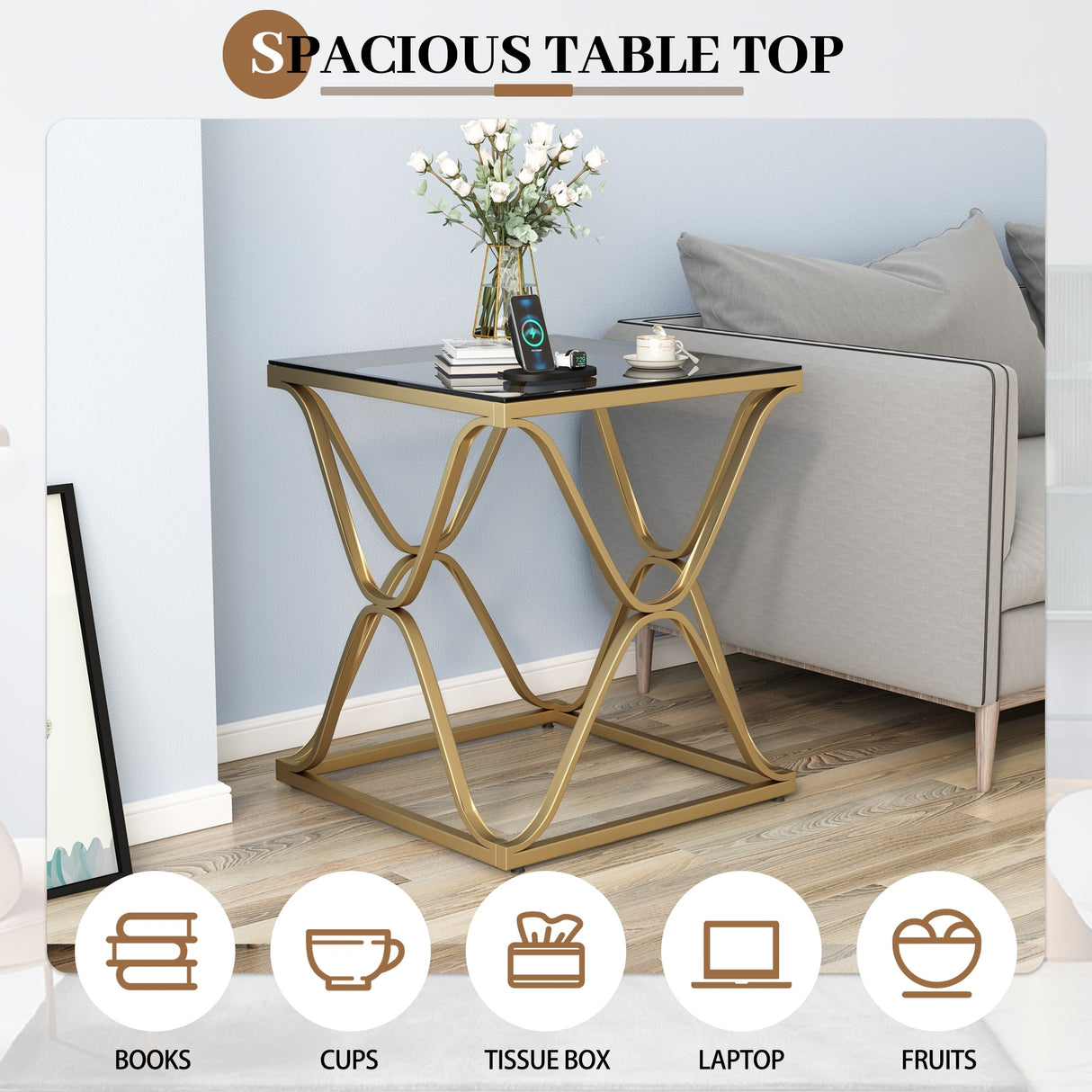 Myhozm End Table, Modern End Table with Glass Top, Square Side Table for Living Room, Bedroom, Sofa and Couch