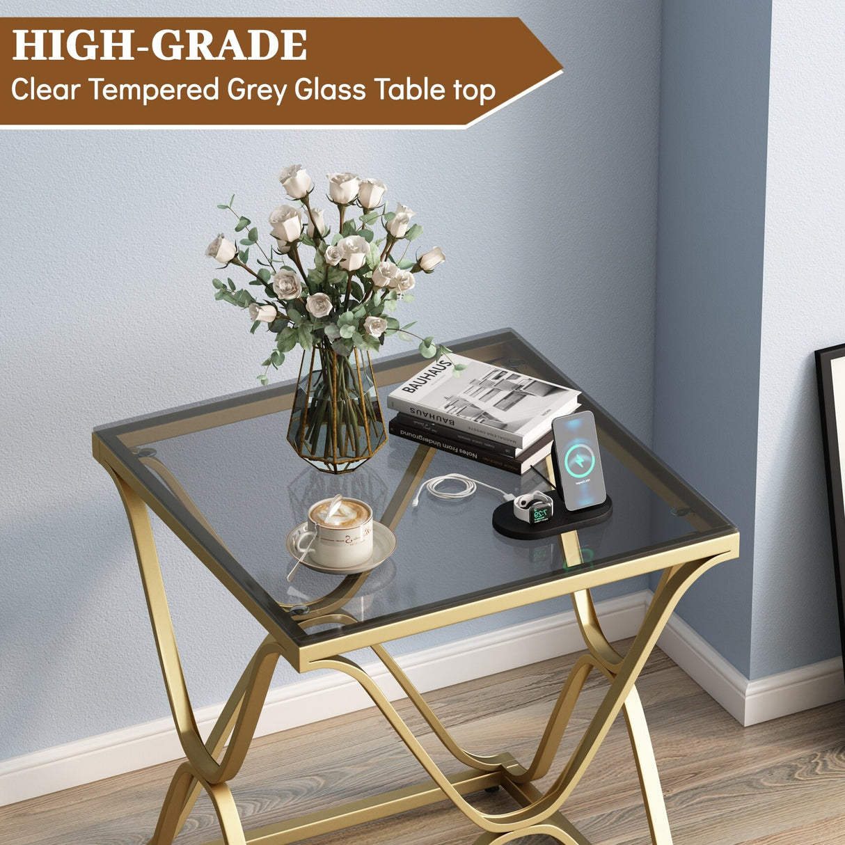 Myhozm End Table, Modern End Table with Glass Top, Square Side Table for Living Room, Bedroom, Sofa and Couch