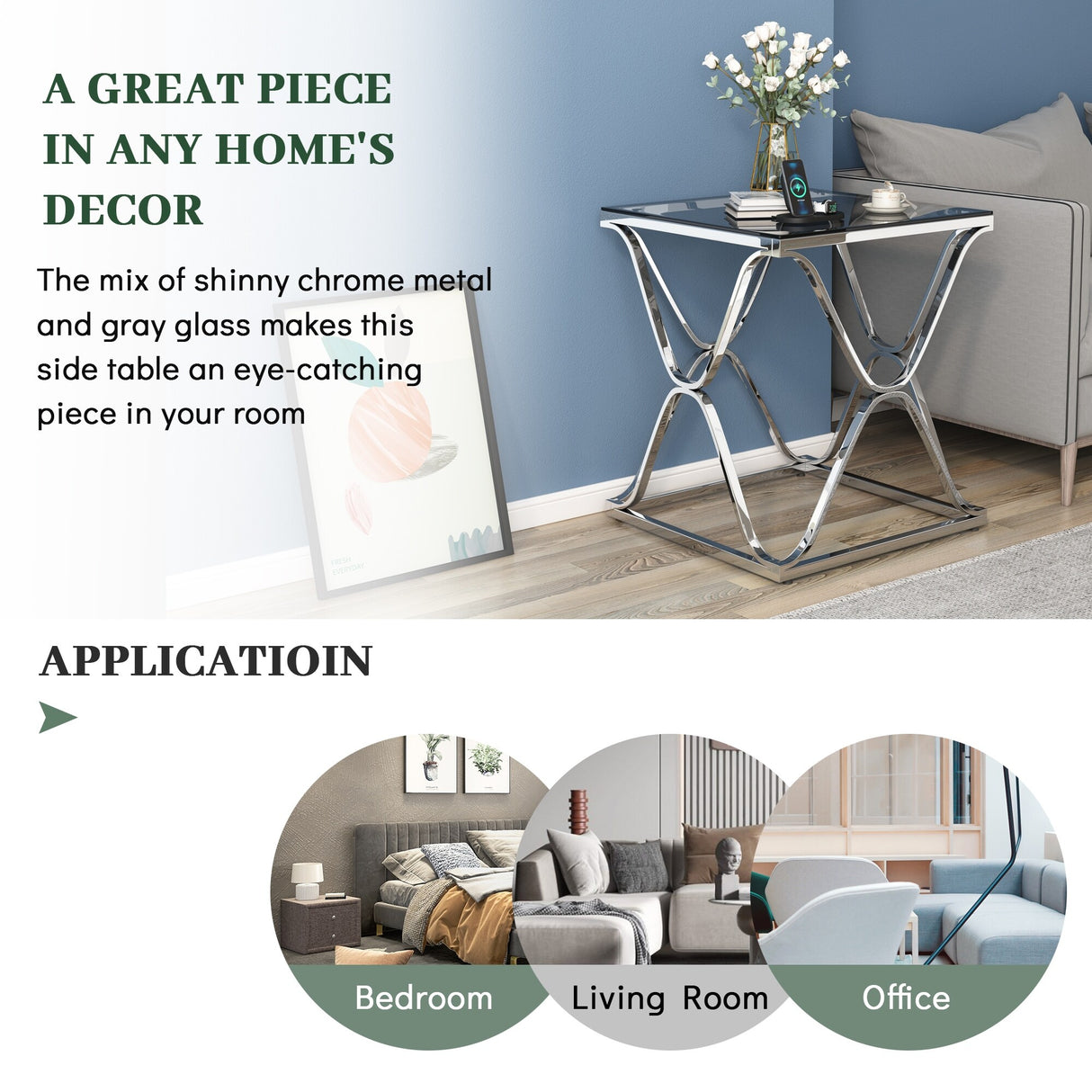 Myhozm End Table, Modern End Table with Glass Top, Square Side Table for Living Room, Bedroom, Sofa and Couch