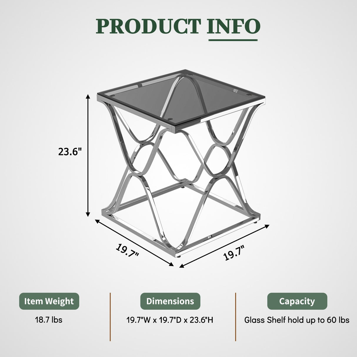 Myhozm End Table, Modern End Table with Glass Top, Square Side Table for Living Room, Bedroom, Sofa and Couch