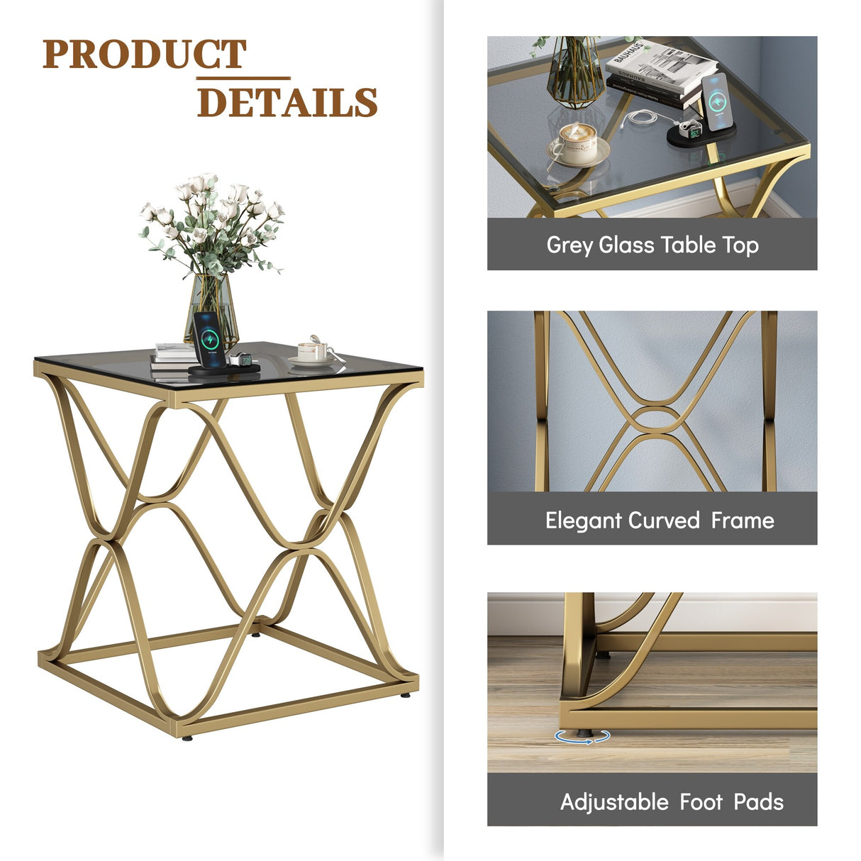 Myhozm End Table, Modern End Table with Glass Top, Square Side Table for Living Room, Bedroom, Sofa and Couch