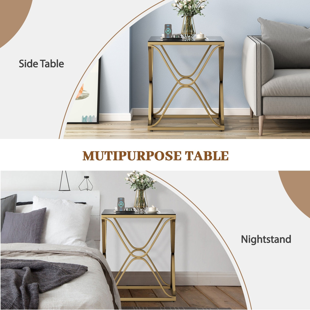 Myhozm End Table, Modern End Table with Glass Top, Square Side Table for Living Room, Bedroom, Sofa and Couch