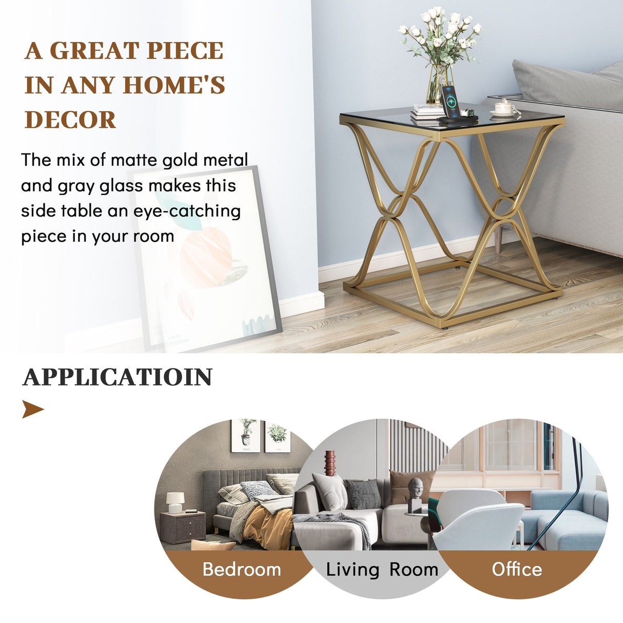 Myhozm End Table, Modern End Table with Glass Top, Square Side Table for Living Room, Bedroom, Sofa and Couch