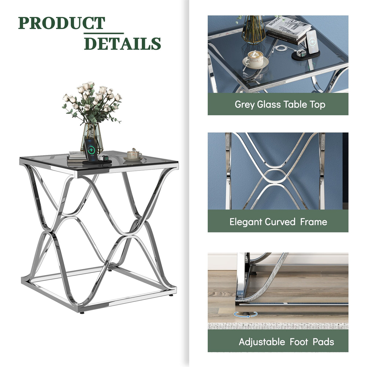 Myhozm End Table, Modern End Table with Glass Top, Square Side Table for Living Room, Bedroom, Sofa and Couch