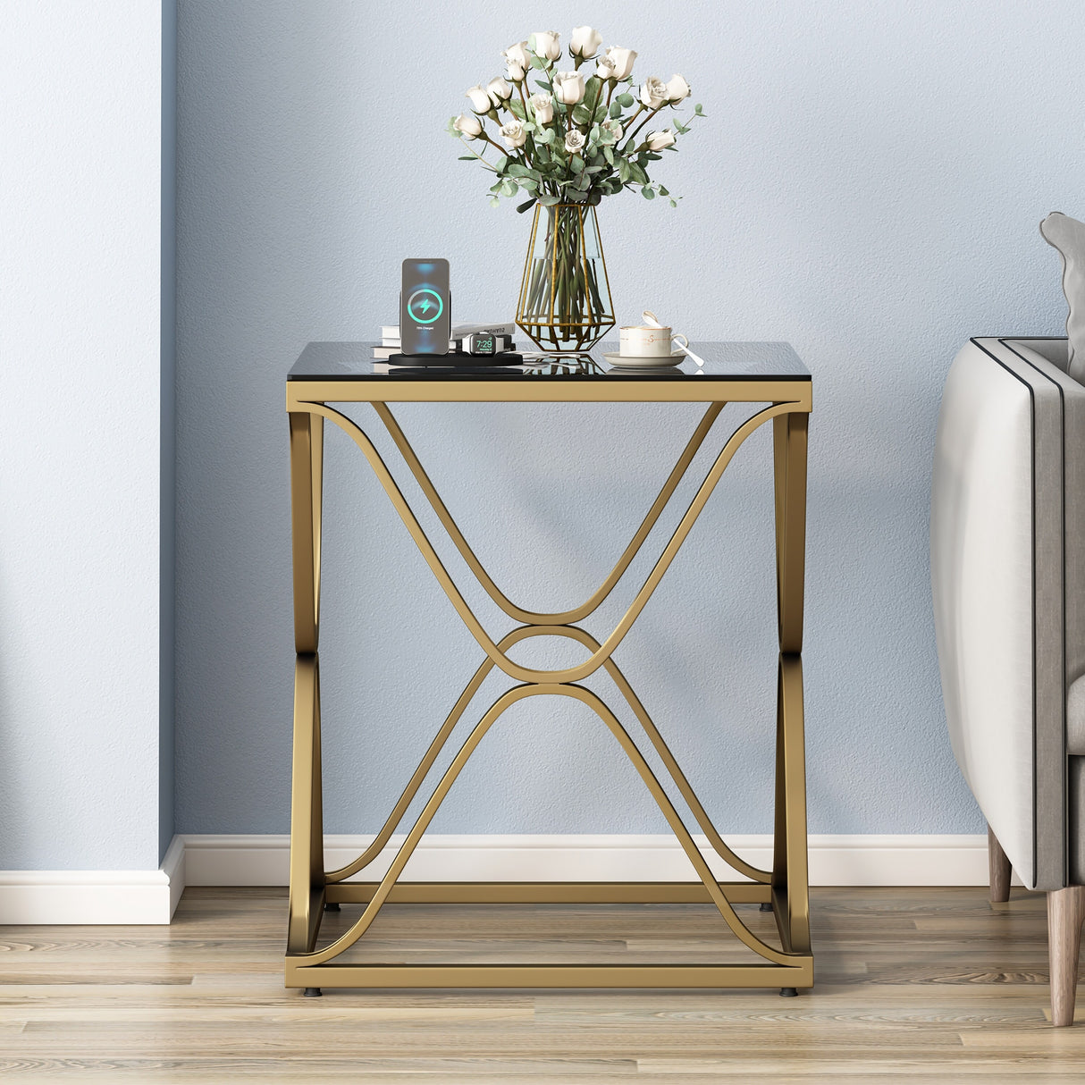 Myhozm End Table, Modern End Table with Glass Top, Square Side Table for Living Room, Bedroom, Sofa and Couch