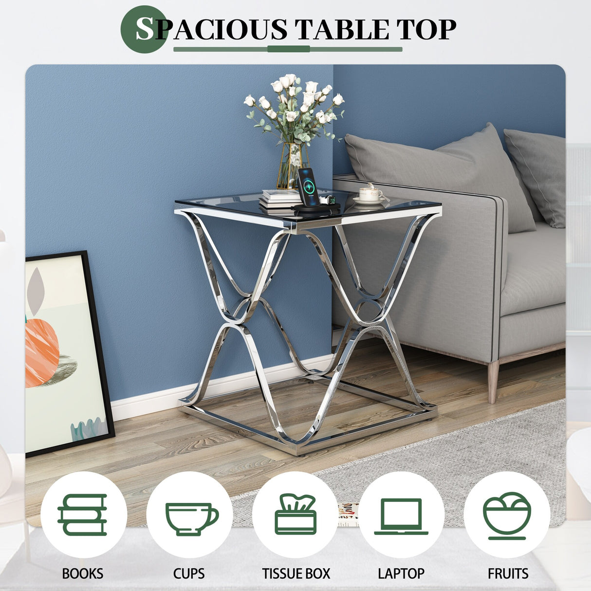 Myhozm End Table, Modern End Table with Glass Top, Square Side Table for Living Room, Bedroom, Sofa and Couch