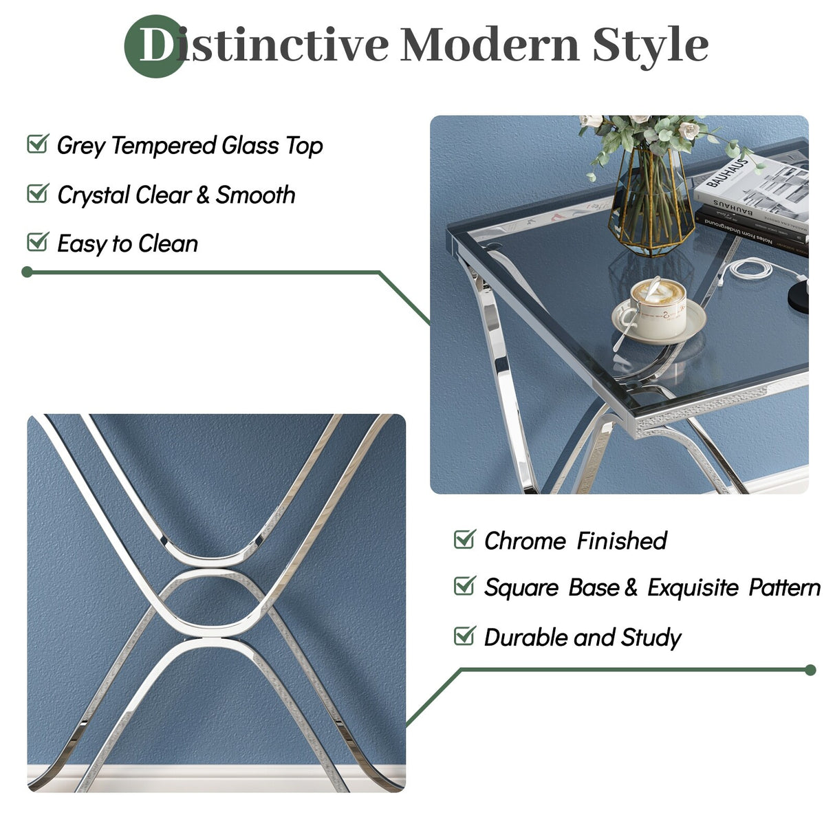 Myhozm End Table, Modern End Table with Glass Top, Square Side Table for Living Room, Bedroom, Sofa and Couch