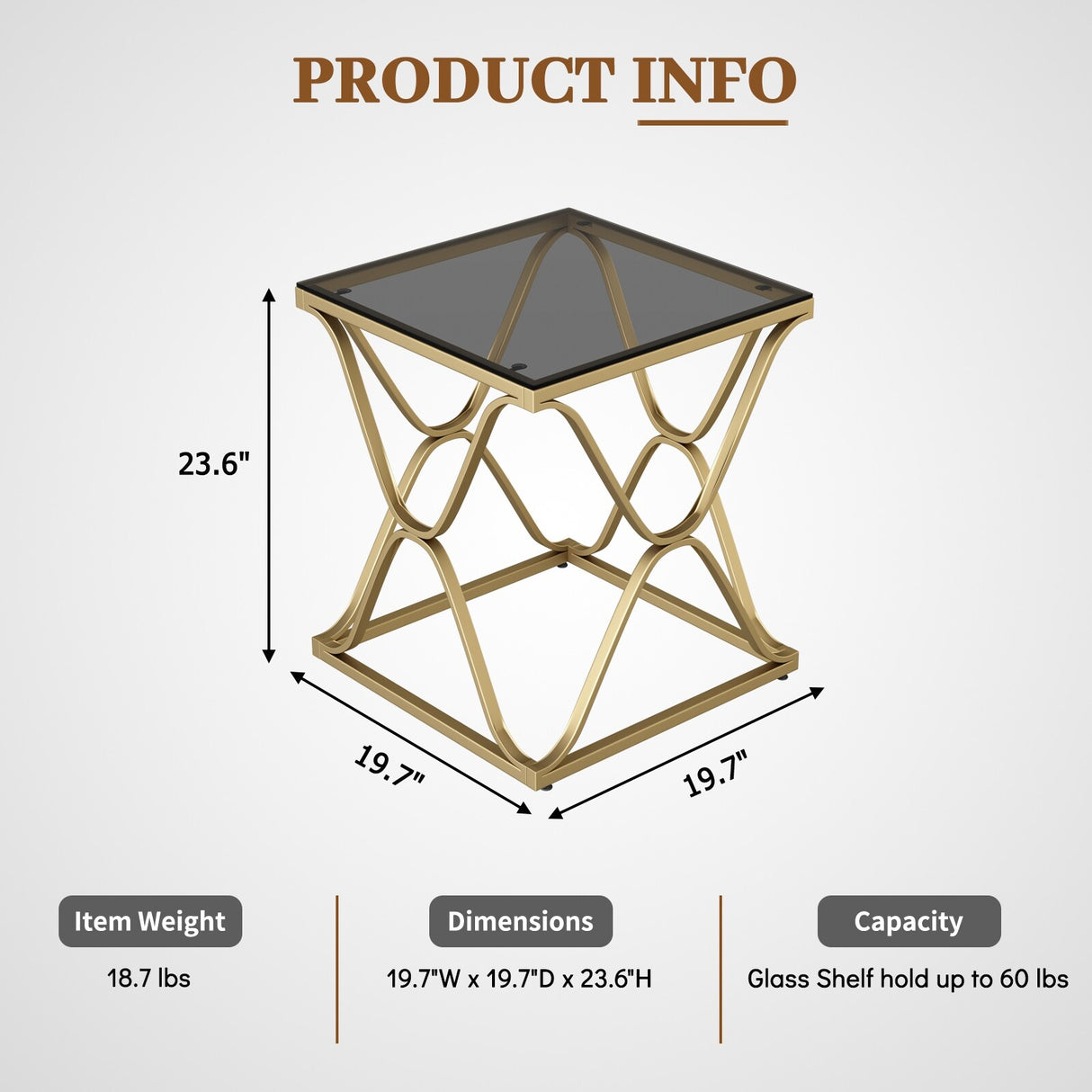 Myhozm End Table, Modern End Table with Glass Top, Square Side Table for Living Room, Bedroom, Sofa and Couch
