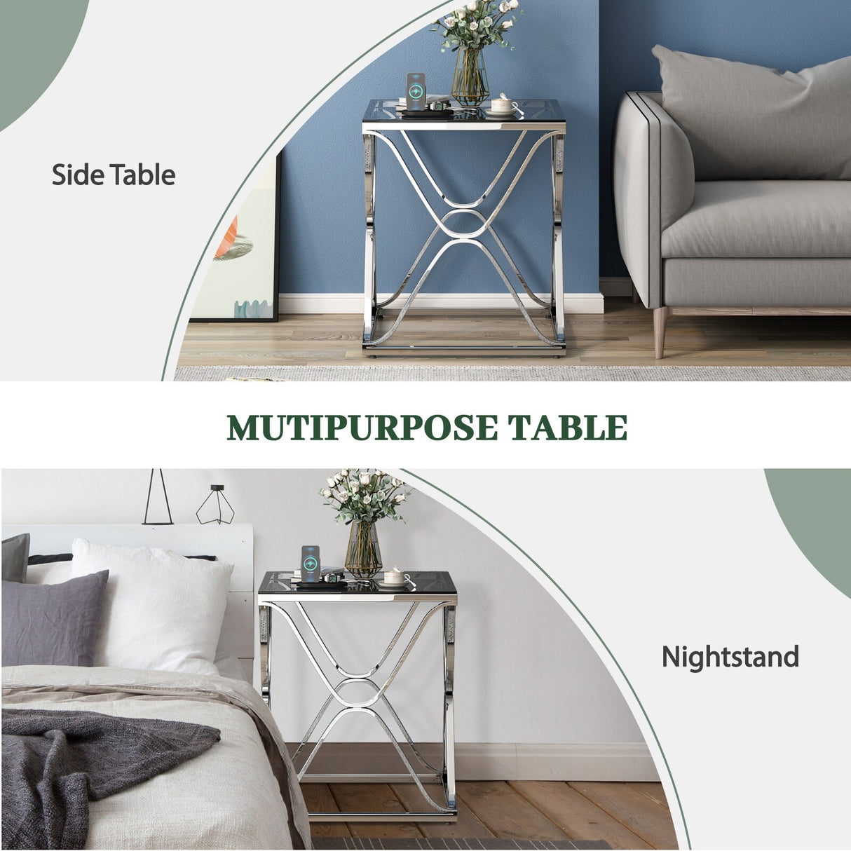Myhozm End Table, Modern End Table with Glass Top, Square Side Table for Living Room, Bedroom, Sofa and Couch