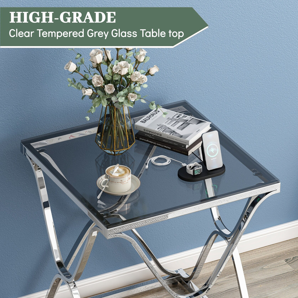 Myhozm End Table, Modern End Table with Glass Top, Square Side Table for Living Room, Bedroom, Sofa and Couch