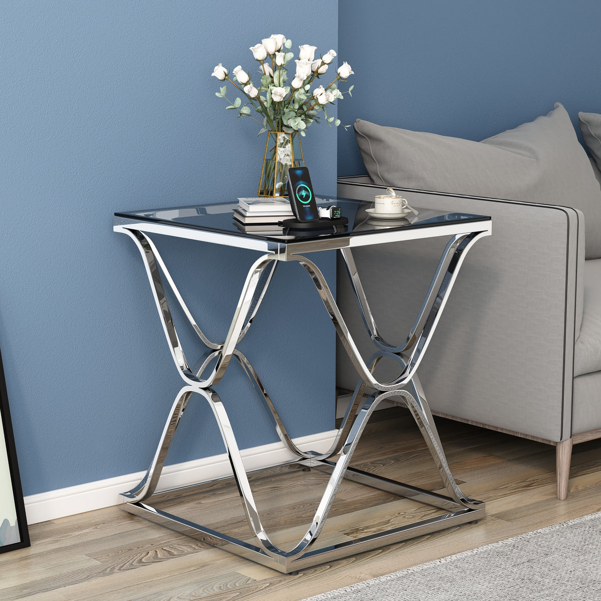 Myhozm End Table, Modern End Table with Glass Top, Square Side Table f