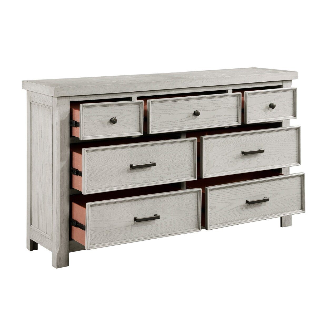 Myna 67 Inch Wide Dresser, 7 Drawers, Rustic Farmhouse White Oak Veneer