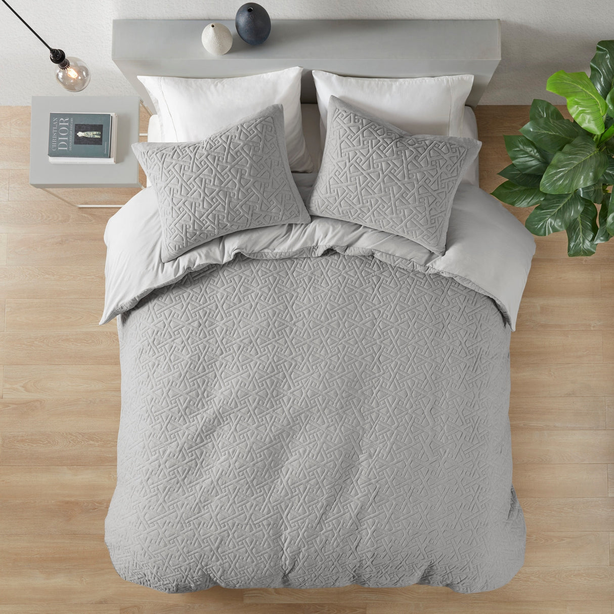 N Natori Origami Grey 3 Piece Oversized Knit Quilted Top Comforter Mini Set