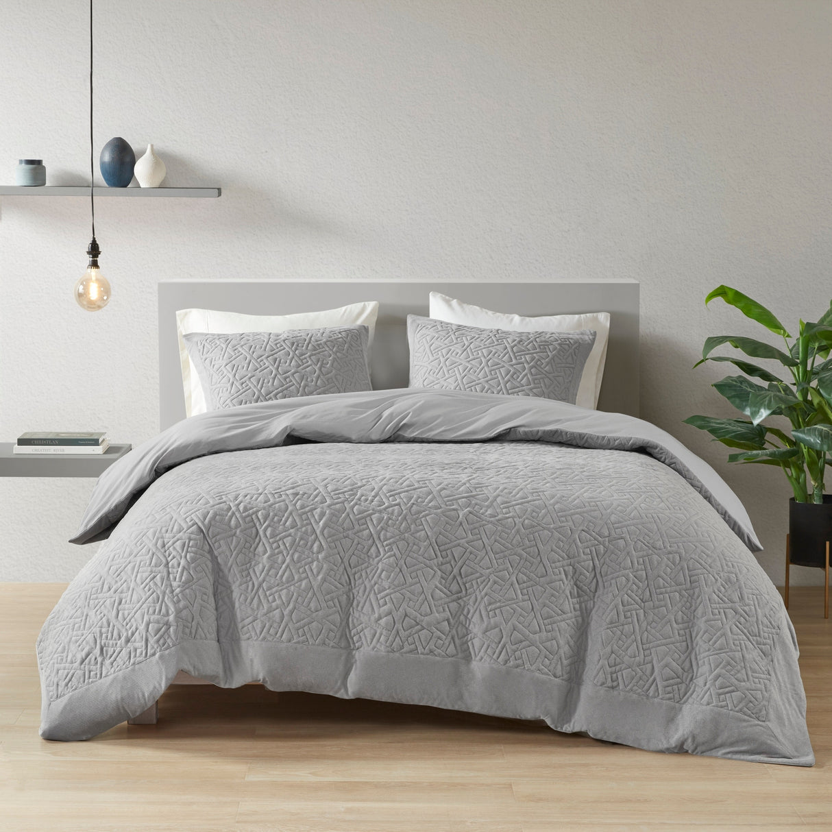 N Natori Origami Grey 3 Piece Oversized Knit Quilted Top Comforter Mini Set