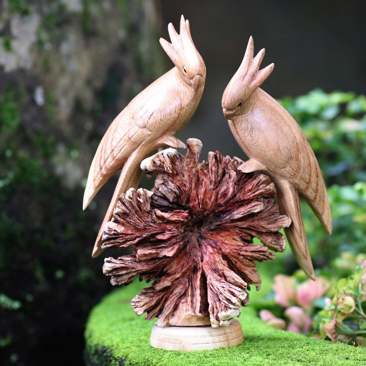 NOVICA Cockatoo Couple, Wood sculpture - 8.25" H x 6.25" W x 2.4" D
