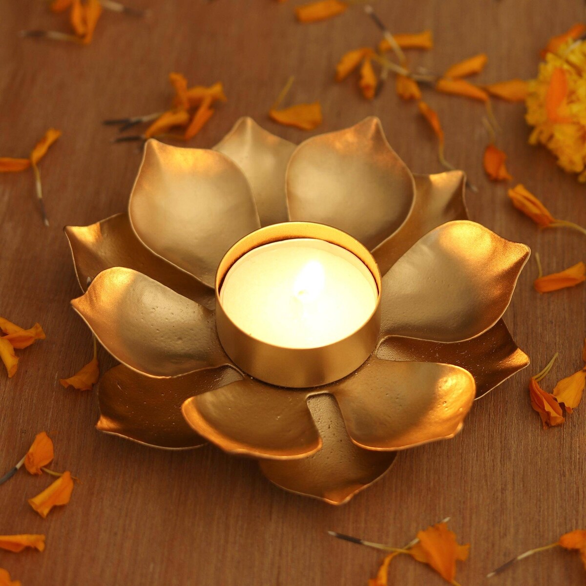 NOVICA Golden Lotus Glow, Steel tealight candleholder