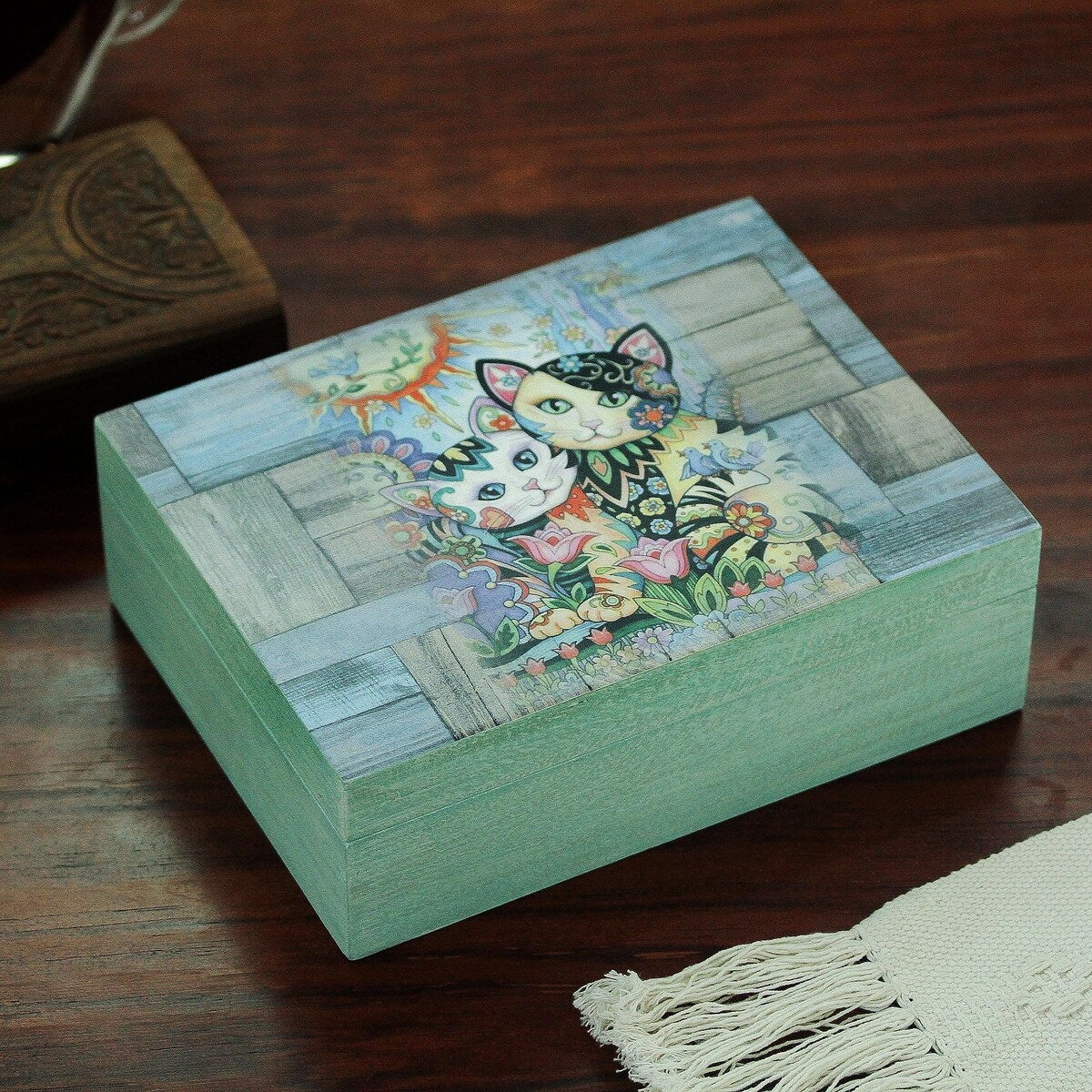 NOVICA Handmade Floral Cats Decoupage Wood Decorative Box - 3.4" H x 10.25" W x 7.75" D