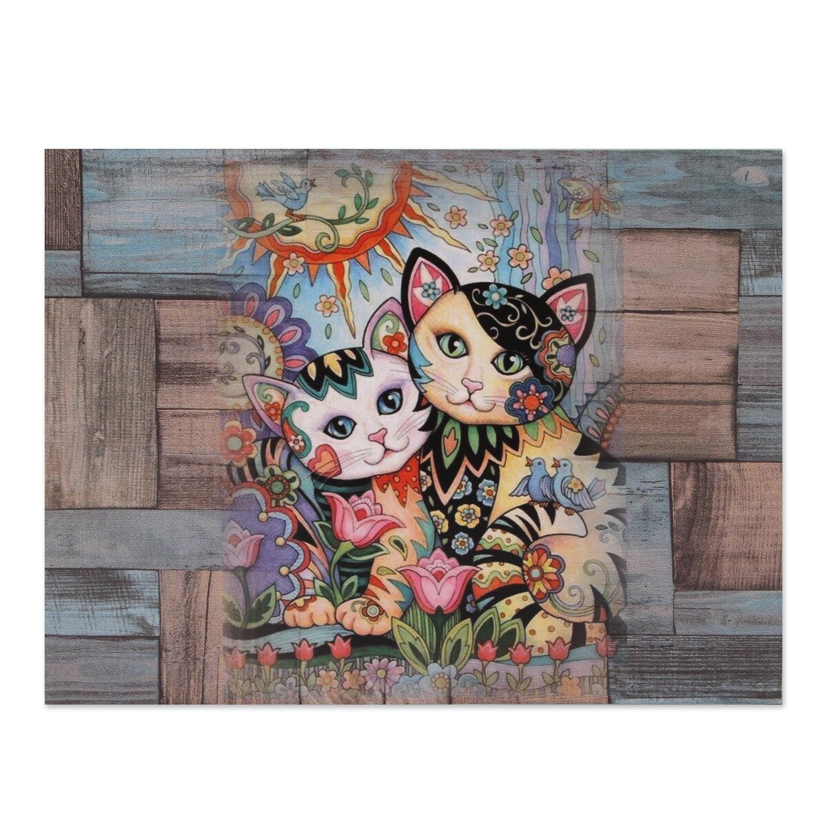 NOVICA Handmade Floral Cats Decoupage Wood Decorative Box - 3.4" H x 10.25" W x 7.75" D