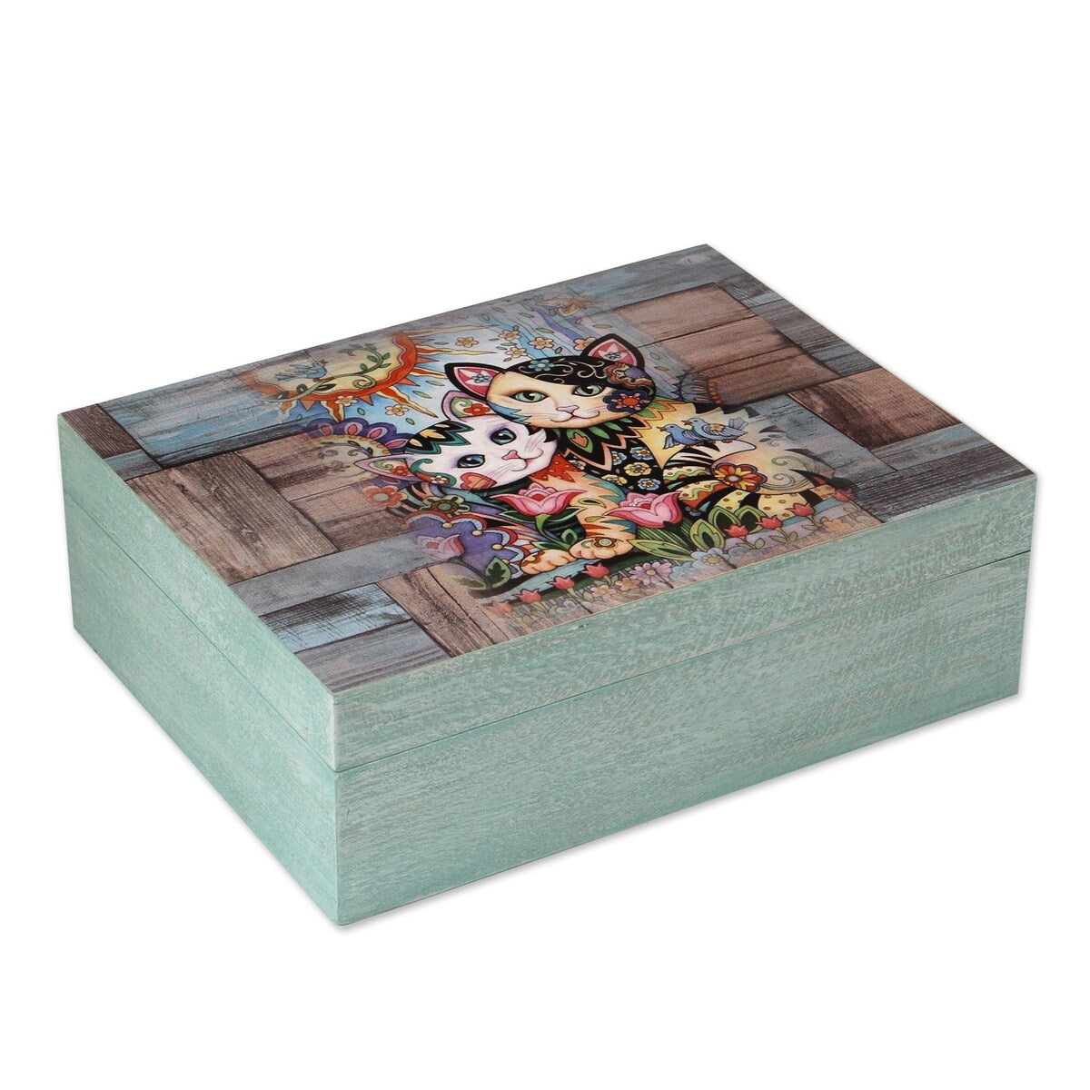 NOVICA Handmade Floral Cats Decoupage Wood Decorative Box - 3.4" H x 10.25" W x 7.75" D