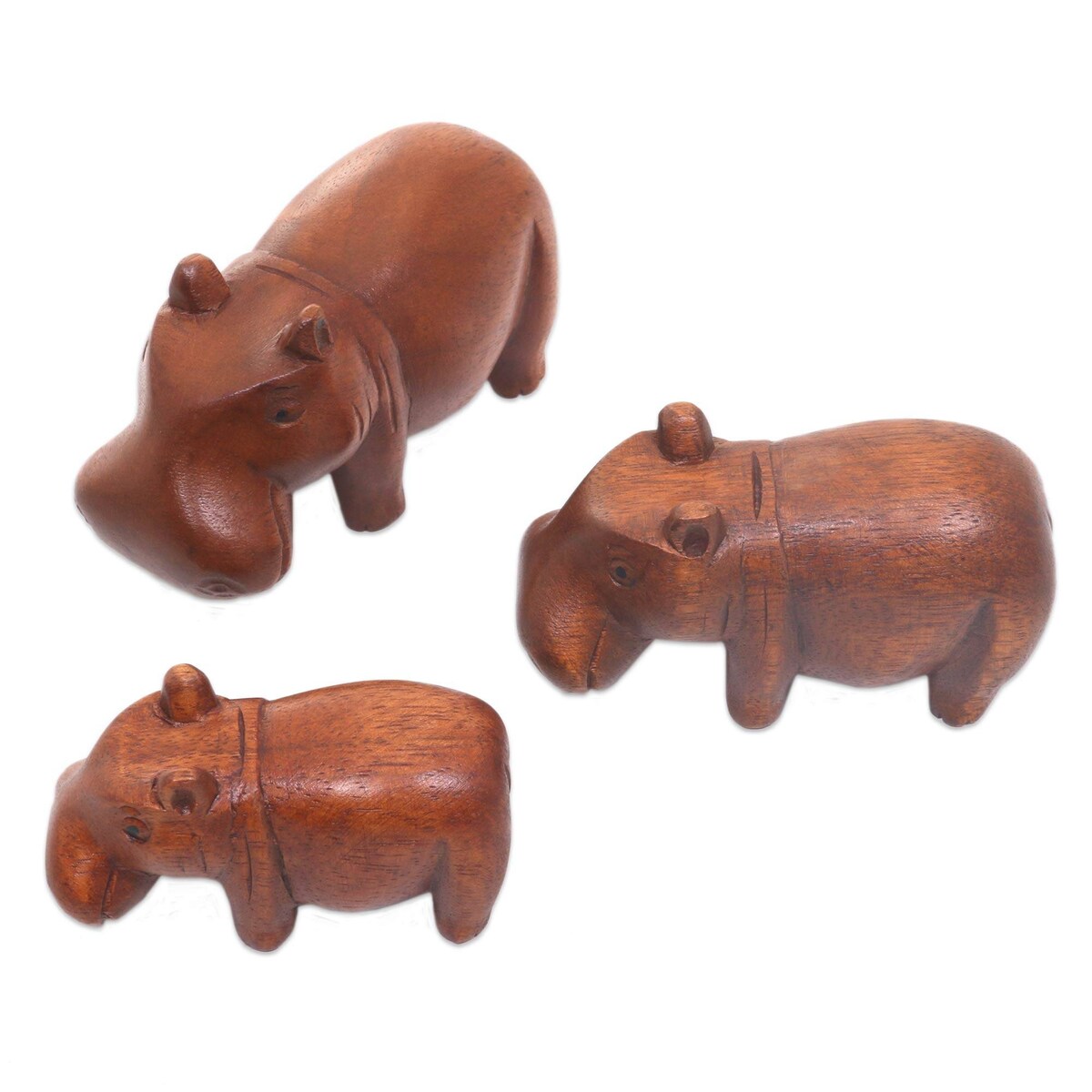 NOVICA Hippo Family, Wood sculptures (set of 3)