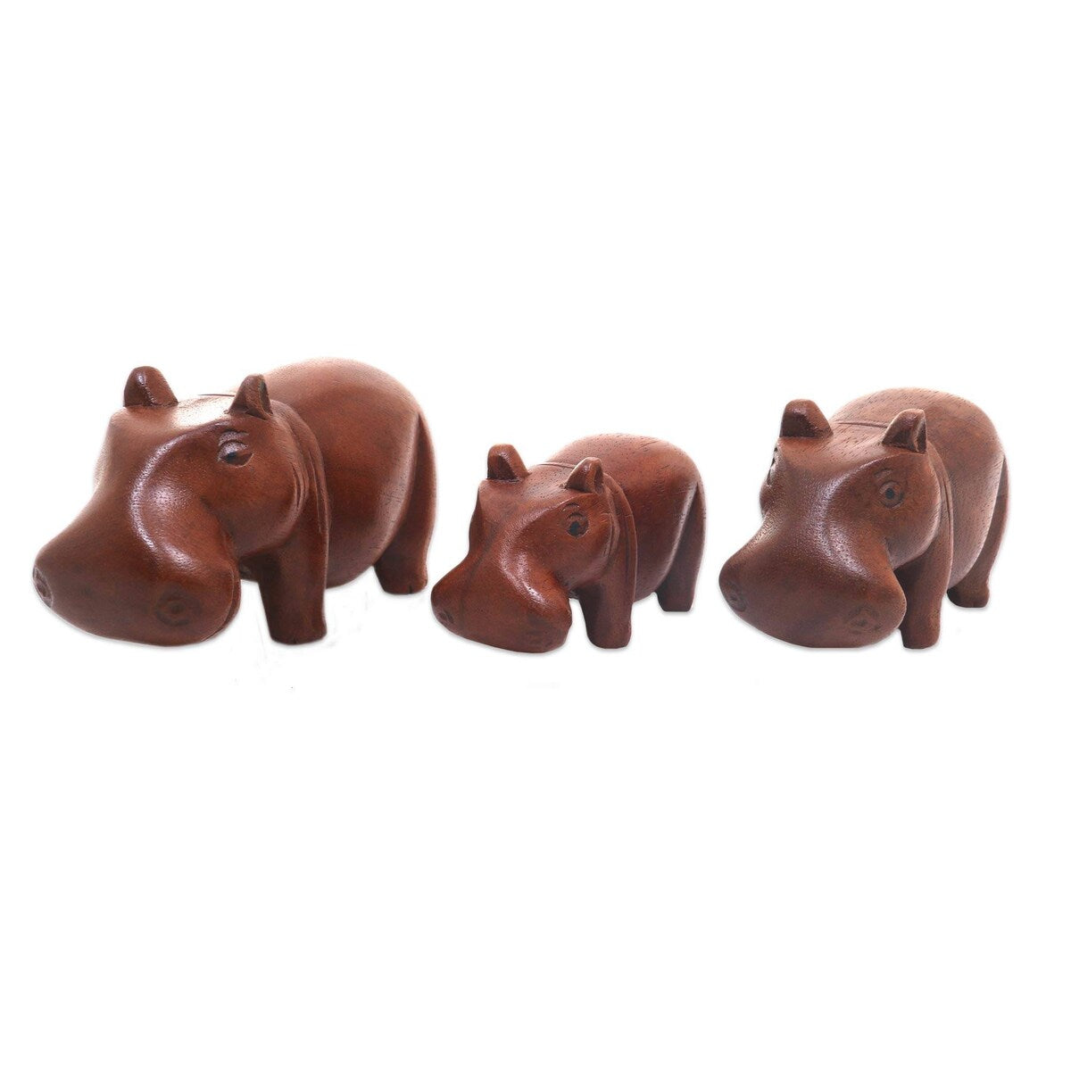 NOVICA Hippo Family, Wood sculptures (set of 3)