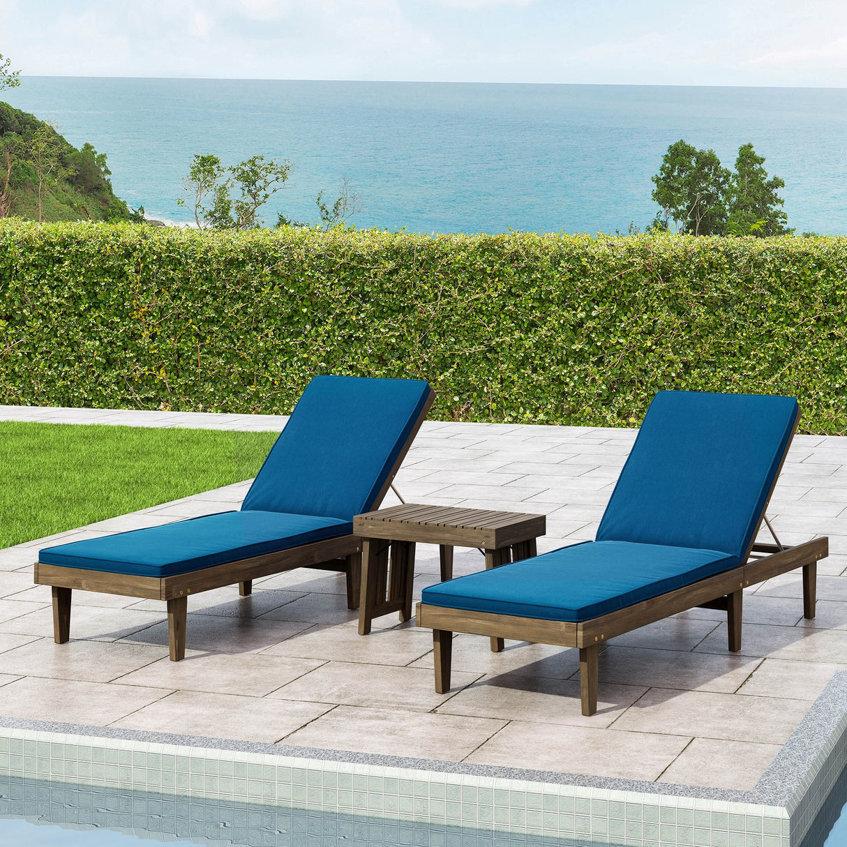 Nadine Outdoor Acacia Wood 3 Piece Chaise Lounge Set with Water-Resistant Cushions by Christopher Knight Home